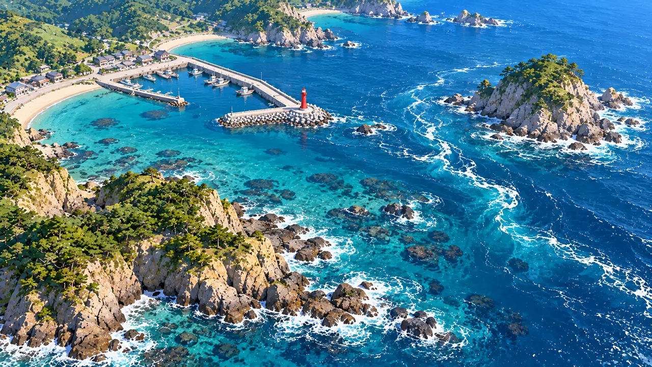 곶과 모래 해변, 방파제 항구, 작은 섬과 물골, 조류가 부딪치는 물거품과 수중 암초가 보이는 해안을 위에서 본 그림